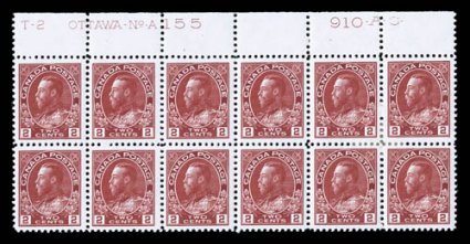 106, 1911 2c Carmine Admiral, top margin imprint and plate No. A155 block of twelve, gorgeous color that is incredibly deep and vibrant, plus a vivid impression on brilliantly
white paper, exceptionally well centered, o.g., n.h. except the f