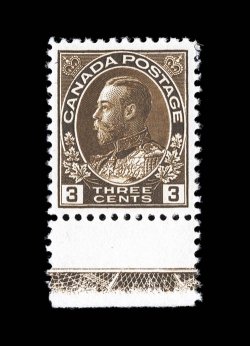 108, 1918 3c Brown Admiral, wet printing, bottom margin single with lathework D (60%) in the selvage, excellent centering, deep color on bright fresh paper, o.g., n.h.,
extremely fine.