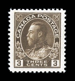108c, 1923 3c Brown Admiral, dry printing, stunning mint single, remarkably well centered within huge margins all around, the size of which is seldom encountered on any
Admiral stamp, rich luxuriant color and a deeply etched impression, o.g.,