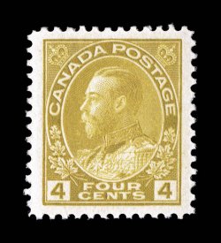 110, 1922 4c Olive bister Admiral, wet printing, marvelously well centered within exceedingly wide margins, strong color, o.g., n.h., extremely fine a premium quality example
2007 Gratton certificate (Unitrade C$225.00).