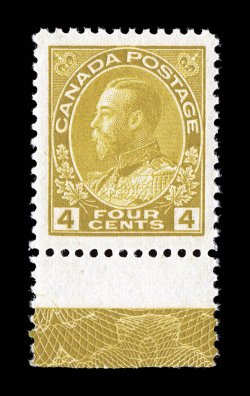 110, 1922 4c Olive bister Admiral, wet printing, bottom margin single showing full inverted lathework D in the selvage, extraordinarily well centered within lavish margins,
strong color and impression, o.g., n.h., extremely fine the inv