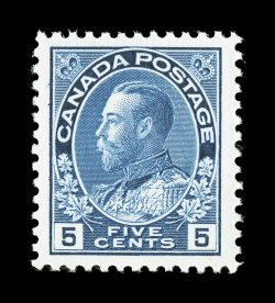 111, 1914 5c Dark blue Admiral, unusually choice mint single, featuring lovely centering amid uncommonly wide margins, sumptuously rich color and a sharp impression, flawless
o.g., n.h., extremely fine (Unitrade C$600.00).