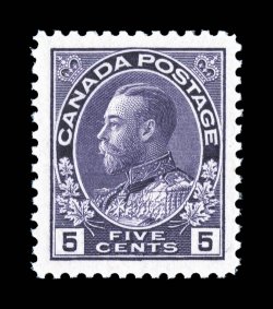 112, 1922 5c Violet Admiral, wet printing, lovely mint single, extraordinarily well centered amid uncharacteristically large margins, deep prooflike color and impression on
bright paper, o.g., n.h., extremely fine gem (Unitrade C$165.00).