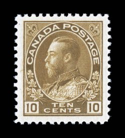 118, 1925 10c Bister brown Admiral, dry printing, particularly well centered within considerably larger margins than typically encountered, strong rich color, o.g., n.h.,
extremely fine and choice (Unitrade C$180.00).