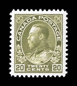 119, 1925 20c Olive green Admiral, dry printing, especially handsome mint single, deep strong color and impression, excellent centering within particularly large margins,
o.g., n.h., extremely fine ex-Dr. Tang (Unitrade C$450.00).