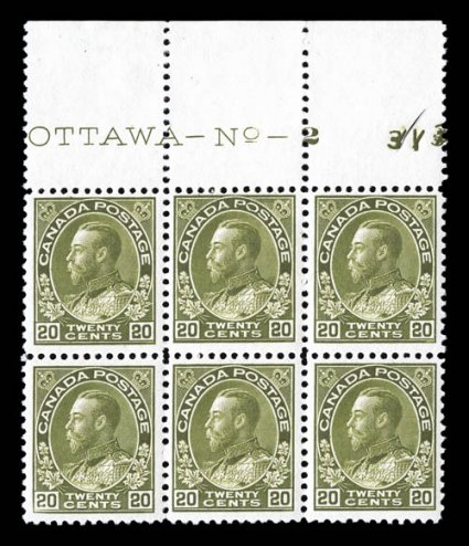 119, 1925 20c Olive green Admiral, dry printing top margin imprint and plate No. 2 block of six, rich bright color, o.g., stamp n.h. (hinged in the ungummed selvage only),
natural gum bend affect the top middle and right stamps, very fine c