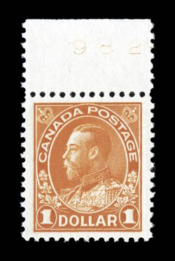 122, 1923 $1.00 Orange Admiral, dry printing, top sheet-margin single, precisely centered within especially wide margins, gorgeous bright color and a strong impression,
flawless o.g., n.h., an extremely fine gem (Unitrade C$450.00).