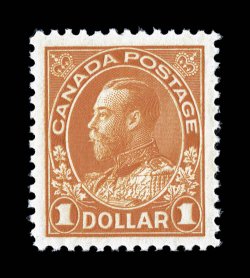 122, 1923 $1.00 Orange Admiral, dry printing, wonderfully well centered and margined, deep vibrant color, pristine o.g., n.h., extremely fine (Unitrade
C$450.00).