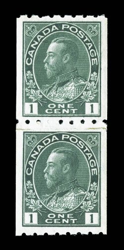 Unitrade 123i, 1913 1c Dark green Admiral coil, paste-up pair, well centered, especially dark color, o.g., n.h., very fine (Unitrade C$1,200.00).