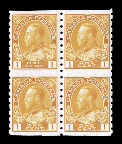 126c, 1923 1c Orange yellow Admiral, perf. 8 vertical coil, Die II, wet printing, block of four, brilliant color, nicely centered, o.g., top stamps l.h., bottoms stamps n.h.,
very fine(Unitrade C$600.00).