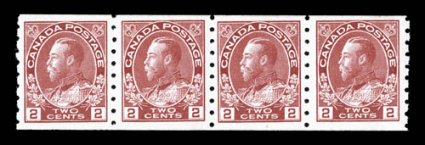 127, 1923 1c Carmine Admiral, perf. 8 vertical coil, wet printing, strip of four, bright color, well centered, o.g., n.h., very fine (Unitrade C$600.00).