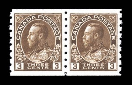 129, 1918 3c Brown Admiral, perf. 8 vertical coil, choice mint pair, marvelously well centered and margined, deep rich color, o.g., n.h., extremely fine (Unitrade
C$250.00).