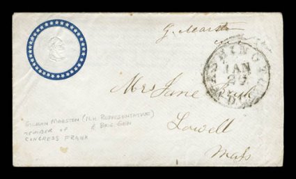George Washington embossed bust surrounded by blue circle and 34 five point stars (Walcott 24), free frank of Rep. Gilman Marston (and later Brigadier General), Washington
c.d.s., addressed to Lowell, Mass., just slightly reduced at right, v