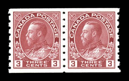 130, 1924 3c Carmine Admiral, perf. 8 vertical coil, Die I, impressive mint pair, excellent centering, vibrant color on fresh white paper, unblemished o.g., n.h., extremely
fine a select quality coil pair 2007 Greene Foundation certificate<