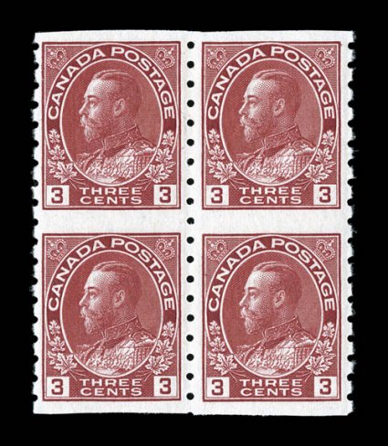 130a, 1924 3c Carmine Admiral, perf. 8 vertical coil, Die I, wet printing, block of four, deep vibrant color, well centered, o.g., top two l.h., bottom two n.h., very fine
(Unitrade C$1,200.00).