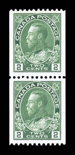 133, 1924 2c Yellow green Admiral, perf. 12 horizontal coil, an especially desirable mint pair, sporting uncharacteristically wide margins and possessing exceptional
centering, deep intense color and impression, flawless o.g., n.h., extremely
