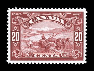 157, 1929 20c Dark carmine Harvesting Wheat, precisely centered within large margins, brilliantly rich color on pristine white paper, o.g., n.h., extremely fine gem (Unitrade
C$180.00).