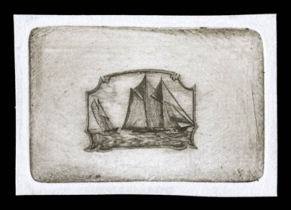 158E, 1929 50c Bluenose, vignette die essay in brown, die sunk on 62x43mm card, showing the two sailing ships as depicted on the issued stamp, very fine this is the first
example we have ever seen.