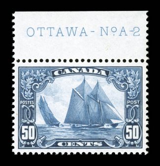 158, 1929 50c Dark blue Bluenose, a remarkably choice mint top margin plate No. A-2 single, perfectly centered amid large margins, deep intense color and impression on fresh
white paper, unblemished o.g., n.h., an extremely fine gem (Unitrad