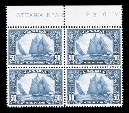 158, 1929 50c Dark blue Bluenose, top margin imprint and plate No. 3 block of four, exceedingly well centered and margined, strong rich color, o.g., n.h. (hinged in the
selvage only), extremely fine (Unitrade C$2,800.00).