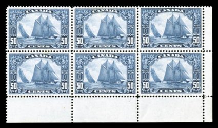 158, 1929 50c Dark blue Bluenose, bottom right corner margin block of six, deep rich color, nicely centered, o.g., n.h., tiny toned spot on the gum of the gum of each of the
two right stamps, otherwise very fine (Unitrade C$4,200.00).