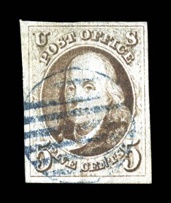 1, 5c Brown, handsome used single with deep color in a nice brown shade, four large and well balanced margins, neat blue circular grid cancel, choice very fine 1988 and 2000 PF
certificates, the latter specifying the brown color.