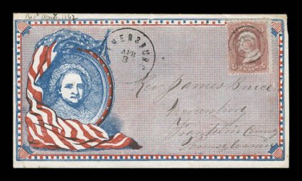 Martha Washington portrait in red, white and blue all-over frame (Walcott 102), 3c Rose (65) cancelled by target and c.d.s. at left, cover with tiny nick in the top of the
right margin, otherwise exceedingly fresh and very fine.