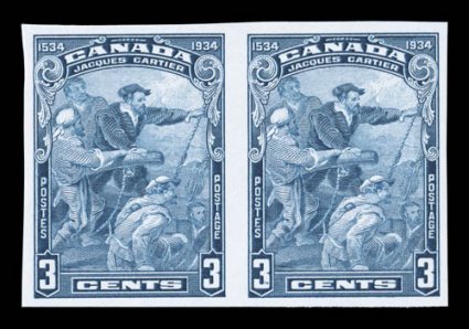 208a, 1934 3c Cartier, imperforate, horizontal pair, brilliantly fresh, large margins, o.g., n.h., choice very fine (Unitrade C$1,600.00).