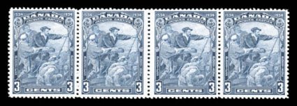 Unitrade 208iv, 1934 3c Cartier, horizontal strip of four with wide gutter between center stamps, choice example of this scarce and distinctive variety, nicely centered,
strong color and impression, o.g., n.h., very fine (Unitrade C$800.00).