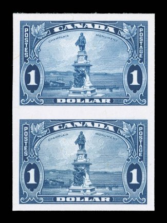 217P-27P, 1935 1c-$1.00 King George V and Pictorials, plate proofs on card cplt., the 1c-8c in horizontal pair, the 10c-$1.00 in vertical pairs, large margins, bright fresh
colors, very fine and scarce.