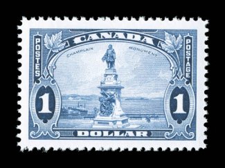 227, 1935 $1.00 Deep blue Champlain mathematically precise centering amid unusually large margins, brilliantly fresh, o.g., n.h., extremely fine a perfect gem (Unitrade
C$150.00).