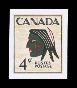 1955 4c Indian Head essay of this unissued design, large even margins all around, bright and fresh, o.g., n.h., extremely fine and seldom offered.