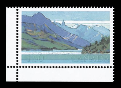 935a, 1982 $1.50 Waterton Lakes, black omitted, bottom left corner sheet-margin single, o.g., n.h., extremely fine an especially select example of this modern error rarity, of
which only 25 copies are known (Unitrade C$3,000.00).
