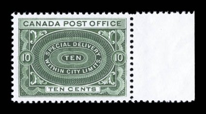 E1, 1898 10c Blue green special delivery, an outstanding right sheet-margin single, impeccably well centered within wonderfully well balanced margins, rich color and a highly
detailed impression on pristine white paper, unblemished o.g., n.h., e
