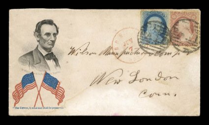 Beardless Lincoln and Flags with imprint The Union must be preserved (Walcott 206), 1c Blue (24) and 3c Dull red (26) tied by Boston Paids, 1c additionally tied by red Boston
c.d.s. on cover to Connecticut, 3c stamp with pulled perfs. at rig