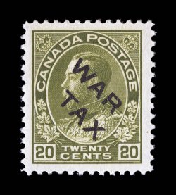 Unitrade MR2C, 1915 20c Olive green with black WAR TAX overprint, excellent centering within large margins which is most uncharacteristic of these War Tax overprints, as most
are found quite off center, lovely rich color, o.g., n.h., extremely