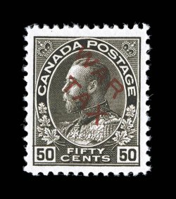 Unitrade MR2D, 1915 50c Black, with red WAR TAX overprint, a highly desirable mint example of this especially challenging stamp, being incredibly well centered and margined,
rich luxuriant color and a well incised impression, unblemished o.g.,