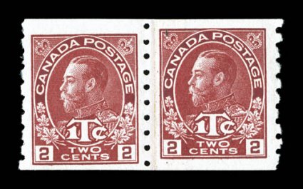 Unitrade MR6i, 1916 2c+1c Carmine coil, paste up pair, well centered and margined which is quite unusual for this difficult stamp, strong color, o.g., n.h., very fine
(Unitrade C$1,350.00).
