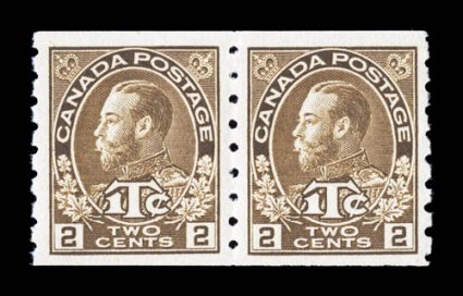 MR7a var., 1916 2c + 1c Yellow brown war tax coil, mint pair, extraordinarily well centered and margined, strong rich color in the distinctive yellow brown shade, o.g.,
lightly hinged, extremely fine 1994 Greene Foundation certificate (Unitrade