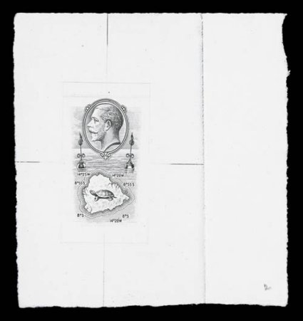 1934 Vignette essay in black of the Map of Ascension used on the 1p, 2p 8p and 26 values of the series, 65x71mm, an unfinished design with the latitude and longitude lines not
added, shows an error of 8 degrees instead of the proper 7 degrees th