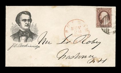 J.G. Breckinridge portrait and imprint in black (Walcott 148), 3c Dull red (26) tied by Boston Paid, with Nov. 26, 1860 c.d.s. alongside on cover to New Hampshire, small piece
of flap missing, a couple trivial stains, otherwise quite fresh and