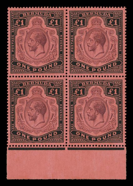 S.G. 55, 55e, 1918 £1 Purple and black on red, bottom sheet margin block of four, positions 45-4657-58, with the top right stamp displaying the rare break in lines below left
scroll variety, perfectly centered, incredibly fresh, with deep col