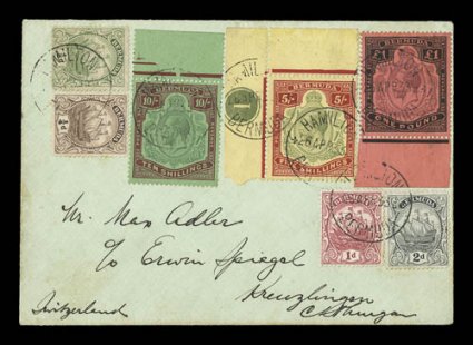 S.G. 55, 1918 £1 Purple and black on red, bottom sheet-margin single tied along with 5- (S.G. 53d, position 1 with control number) and 10- (S.G. 92g, position 7, top margin
single) and the four low value Carvel issues, by Hamilton, Bermuda1