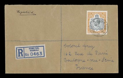 S.G. 93, 1932 126 Grey and orange, well centered and exceedingly fresh single tied by Hamilton, Bermuda11 May 37 c.d.s. on registered cover to France (May 28 backstamp), from
the Col. Grey correspondence which produced most of the postal-fis