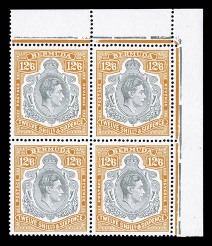 S.G. 120b, 1940 126 Grey and pale orange on chalky paper, perforated 14, top right corner margin block of four, positions 11-1223-24, extraordinarily bright and fresh,
uncommonly well centered, pristine o.g., n.h., extremely fine (Scott 127a