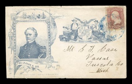 Maj. Gr. John A. Dix imprint with portrait in frame with battle scene at top, additional crest and design at right, in light blue (Walcott 458), 3c Rose (65) tied by blue
c.d.s. on cover to Michigan, cover slightly reduced at left and with tiny