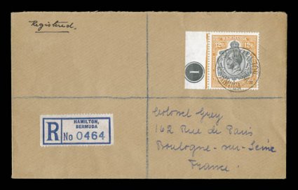 S.G. F1, 1937 126 Grey and orange, inscribed Revenue at each side, left margin control no. 1 single with brilliantly rich color and excellent centering, tied by a neatly
struck Hamilton, Bermuda19 May 37 c.d.s. on registered cover to Franc