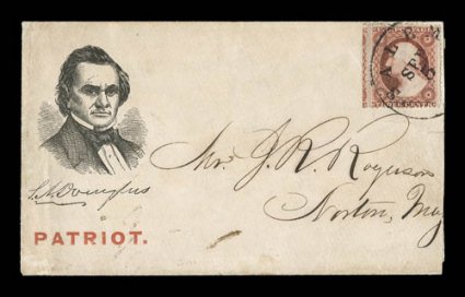 S.A. Douglas signature and portrait similar to Walcott 134 but with red Patriot. added at bottom, 3c Dull red (26) tied by Salem c.d.s.. cover reduced a little at right, small
tear at right, very fine this was originally a campaign cover tha