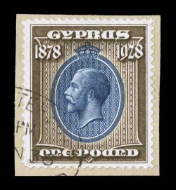 123, 1928 £1 King George V, tied to piece by light oval registered postmark, well centered, deeply rich colors, very fine (S.G. 132 £300.00).