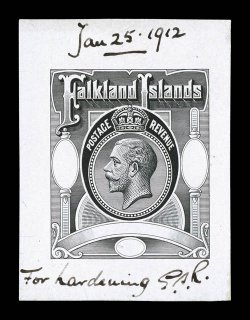 1912 High value master die proof with the value tablets all blank, 33x45mm, with ms. Jan 25.1912 at top and For Hardening and initials at bottom, very fine and extremely rare
ex-Stanley.